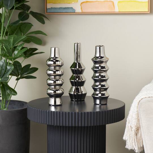 Silver Ceramic Abstract Bubble Ribbed Vase Set